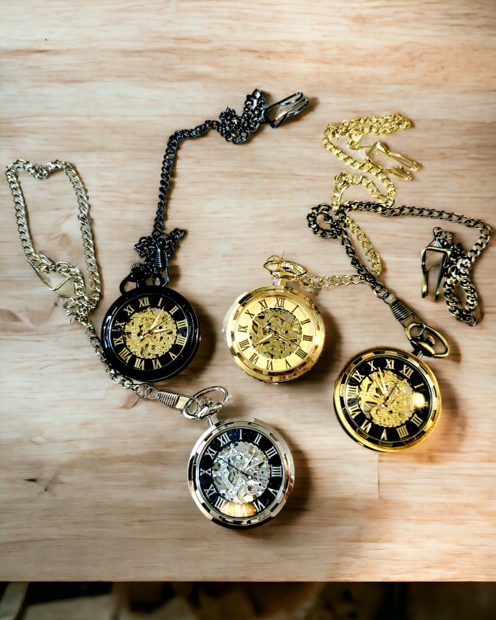 Ceas de buzunar retro – Mecanic, Culoare aur șlefuit cu negru, Luxos, Rezistent la apă, Semi-automat, personalizare cu gravură