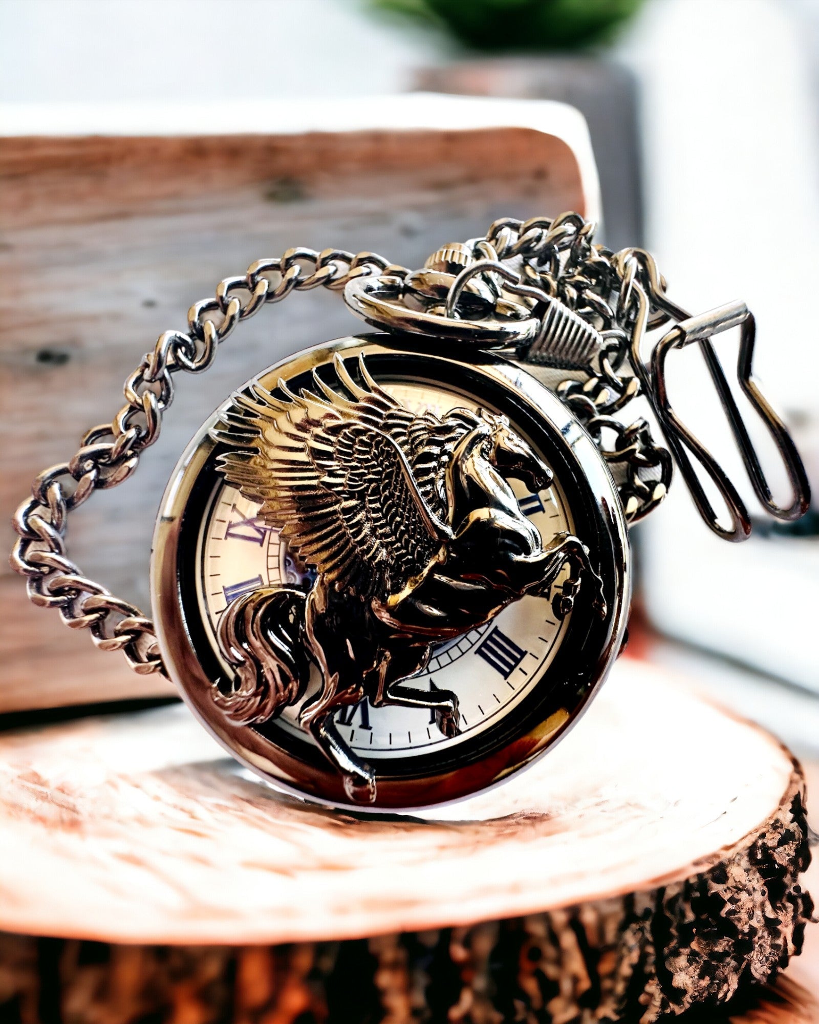 Pocket Watch "Equus Tempus" - Black with Horse Motif, customizable with engraving - white dial