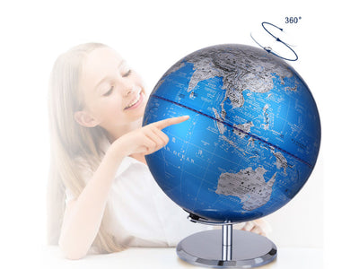 Small Decorative Globe in Blue and Silver, Customizable with Engraving, Ideal as a Gift, 20 cm Tall, an Elegant Living Room Decoration with Geographical Names in English and Chinese