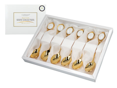 Set of 6 24K gold-plated teaspoons, CARMANI White Eyes, customizable with engraving - an elegant gift for every occasion, dimensions 13 cm