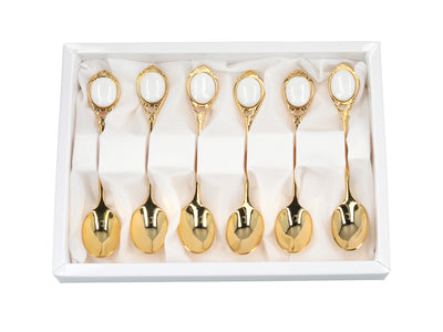 Set of 6 24K gold-plated teaspoons, CARMANI White Eyes, customizable with engraving - an elegant gift for every occasion, dimensions 13 cm