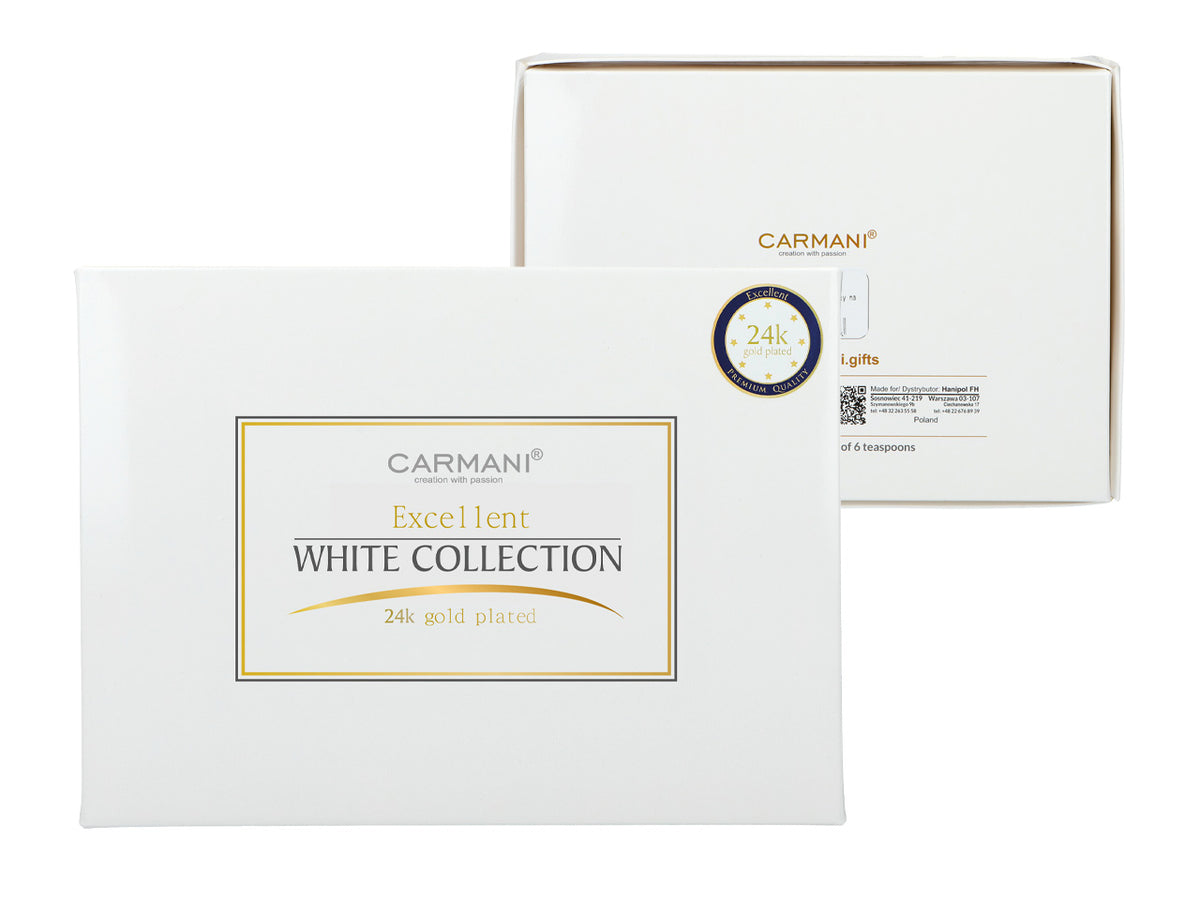 Set of 6 24K gold-plated teaspoons, CARMANI White Eyes, customizable with engraving - an elegant gift for every occasion, dimensions 13 cm