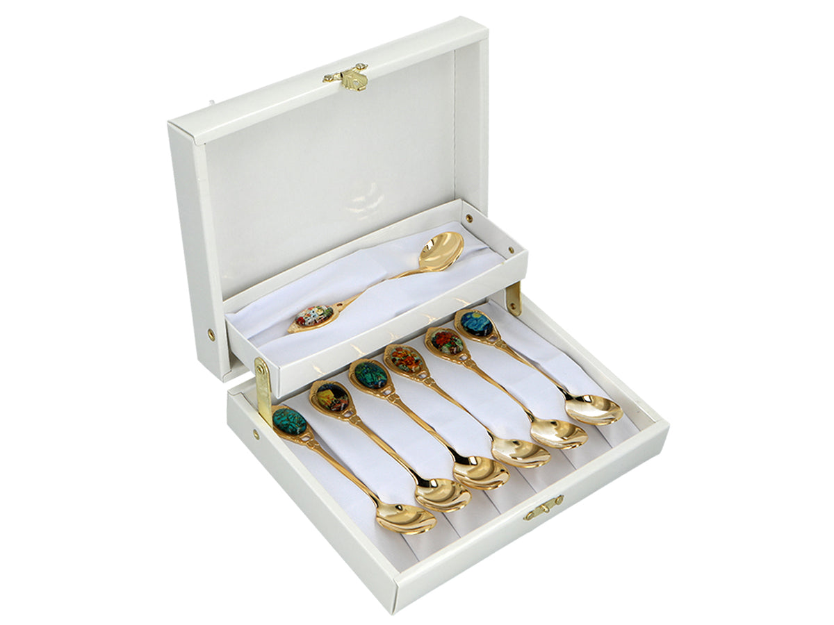 Set of 6 24K Gold-Plated Spoons with 1 Sugar Spoon - V. van Gogh, Assorted, Customizable with Engraving, Elegant Gift Packaging, 13 cm