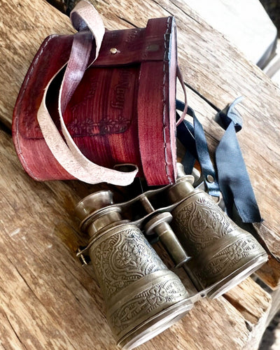 Binoclu cu etui din piele Victorian's Eye, 11 cm din alamă, decorat manual, personalizare cu gravură pentru cadou