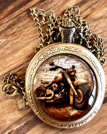 Retro Pocket Watch "Motorcycle Style", customizable with engraving for a gift