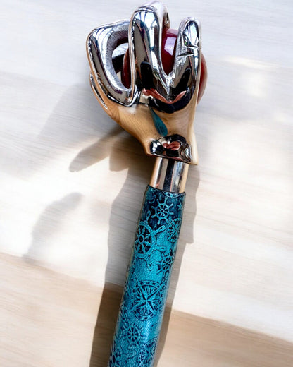 Walking cane "Royal Hand" – handcrafted with natural leather, customizable with engraving