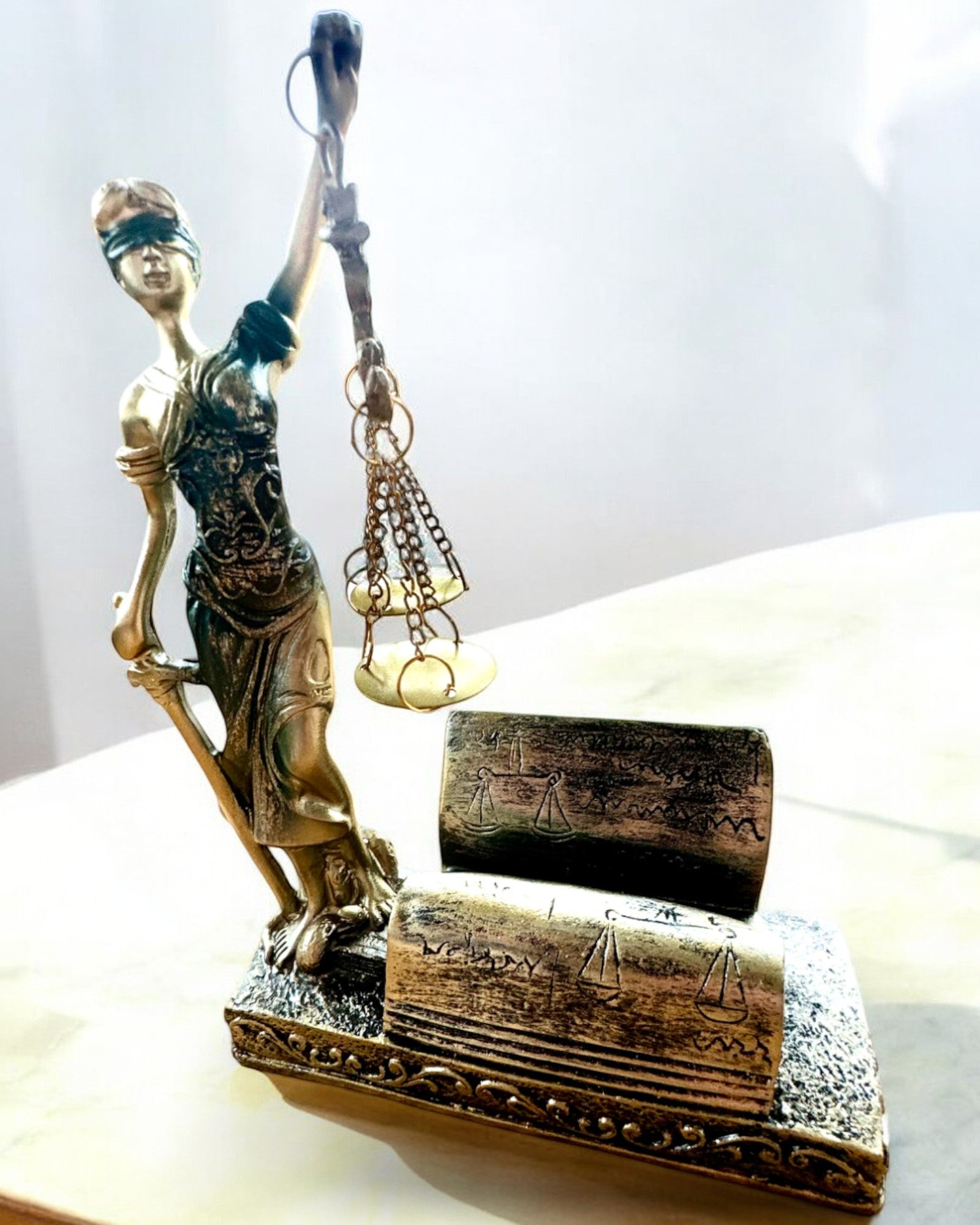 Statuetka "Justicia 2" - Bohyně Spravedlnosti – Umělecká Dekorace na Polici, Řemeslo z Pryskyřice, personalizace gravírováním