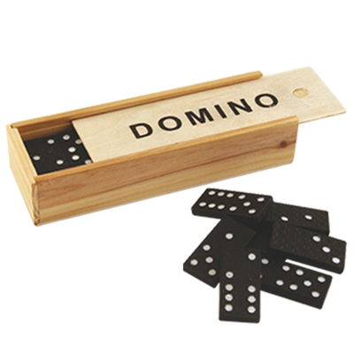 Domino w pudełku drewnianym z możliwością personalizacji grawerem - idealny prezent dla miłośników gier planszowych, 28 plastikowych kostek, wymiary pudełka 5 x 15 x 3,5 cm, materiał: drewno i plastik