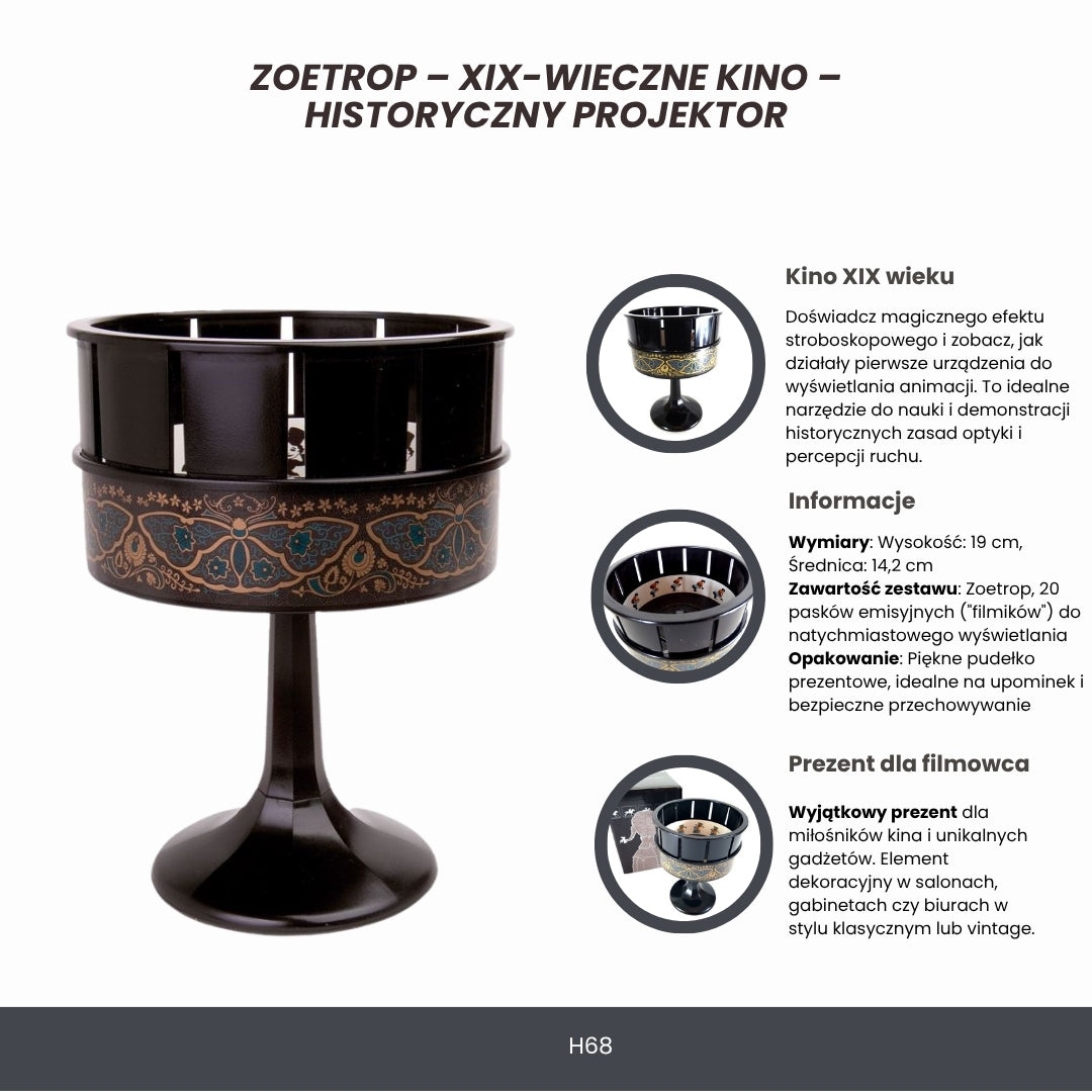 Zoetrop H68 – proiector cinematografic din secolul al XIX-lea, cu posibilitate de personalizare prin gravură, ideal pentru cadou – înălțime 19 cm, design clasic pentru decorarea interioarelor