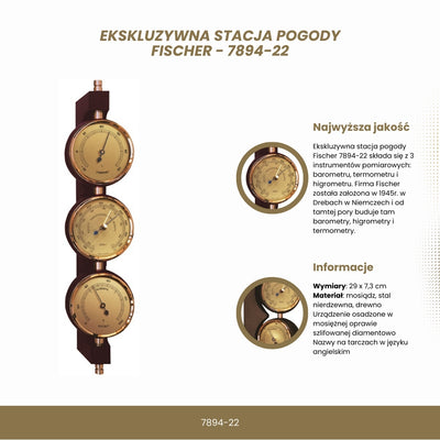 Exkluzivní počasí stanice Fischer 7894-22 z mosazi a mahagonu s personalizovaným gravírováním - barometr, teploměr a vlhkoměr jako dárek v klasickém stylu, rozměry 29x7,3 cm