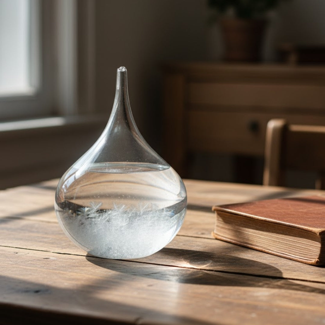 Barometr Burzowy Fitzroya - Kropla Storm Glass z możliwością personalizacji grawerem - elegancki prezent w kształcie kropli, wysokość 11 cm, szklane naczynie z unikalnymi kryształami reagującymi na zmiany pogody