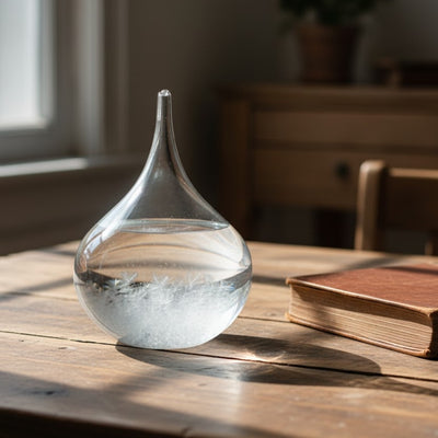 Barometr Burzowy Fitzroya - Kropla Storm Glass z możliwością personalizacji grawerem - elegancki prezent w kształcie kropli, wysokość 11 cm, szklane naczynie z unikalnymi kryształami reagującymi na zmiany pogody