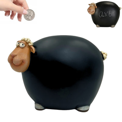Sheep Piggy Bank with Chalkboard Paint and Customizable Engraving - Black with Beige and White Elements, Height 19.5 cm