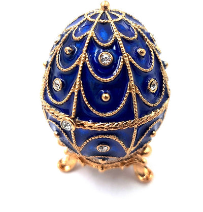 Exclusive metal jewelry box with crystals in the shape of a Fabergé egg, navy blue and gold, 5.5x6.5 cm with customizable engraving