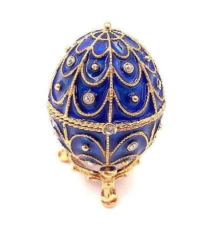 Exclusive metal jewelry box with crystals in the shape of a Fabergé egg, navy blue and gold, 5.5x6.5 cm with customizable engraving
