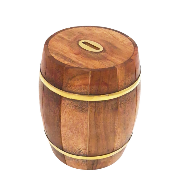 Large Wooden Barrel Piggy Bank with Brass Fittings
