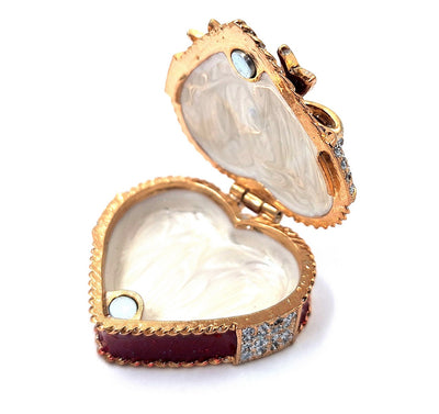 Metal jewelry box shaped like a heart with crystals, red-gold-silver, customizable engraving, perfect for a romantic gift, dimensions 4.8 x 4 x 2.5 cm