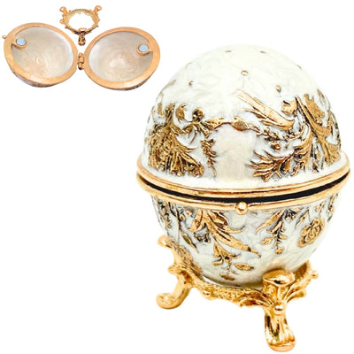 Exclusive Fabergé Egg Metal Jewelry Box with Crystals in White and Gold with Engraving Personalization Option