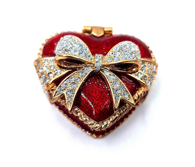 Metal jewelry box shaped like a heart with crystals, red-gold-silver, customizable engraving, perfect for a romantic gift, dimensions 4.8 x 4 x 2.5 cm