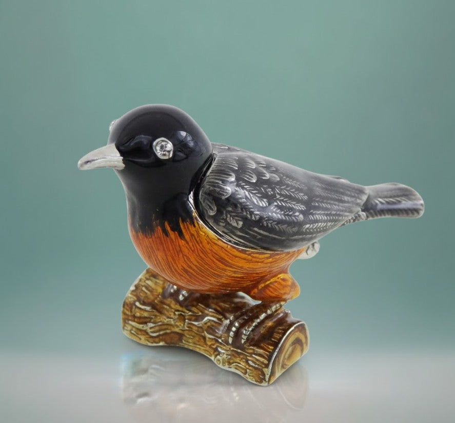 Metal box shaped like a bird with crystals, personalized engraving, perfect as a gift - black, silver, brown, orange, dimensions 5x6x5 cm, material: metal, enamel, crystal