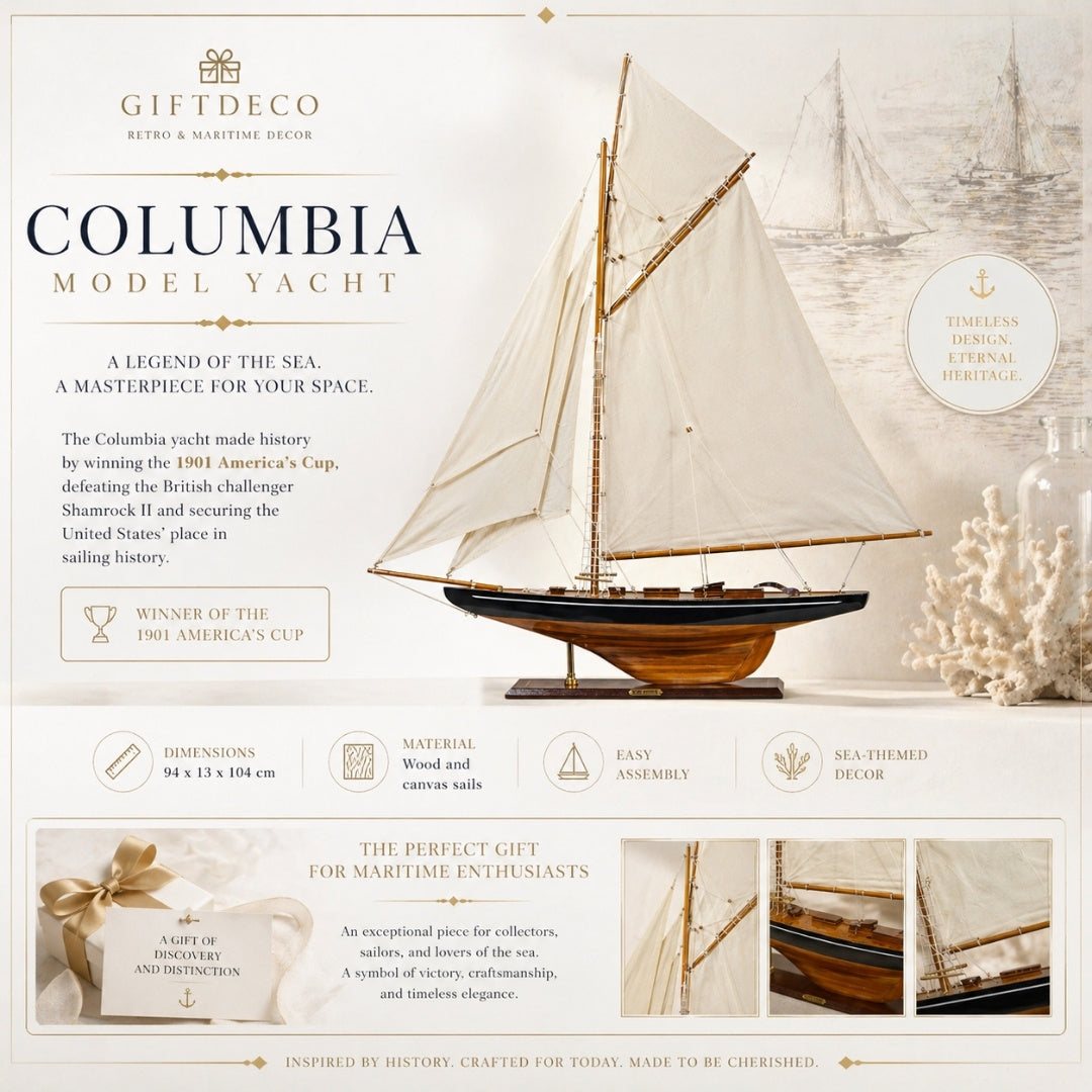 Model jachtu Columbia z ożaglowaniem gaflowym, wysokość 104 cm, drewniany, z możliwością personalizacji grawerem