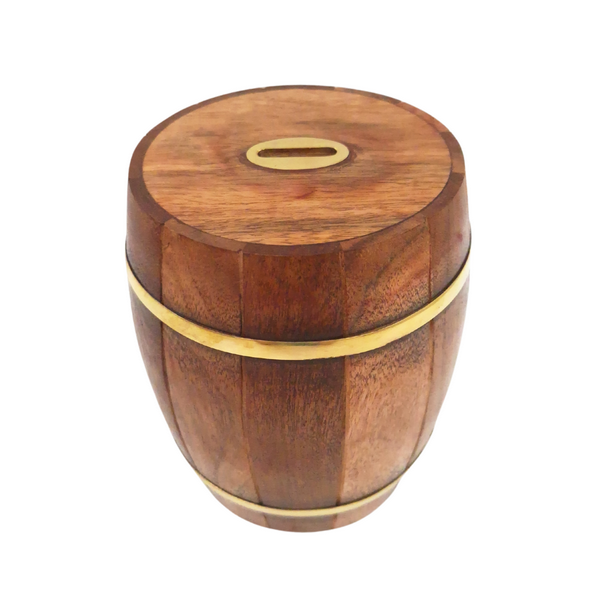 Large Wooden Barrel Piggy Bank with Brass Fittings