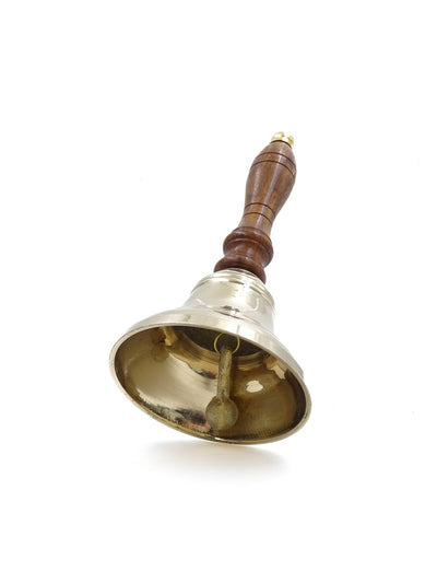Clopoțel manual din alamă cu mâner din lemn, în stil retro – gravură personalizată, ideal pentru cadou – înălțime 16 cm, diametru 7,5 cm, auriu și maro