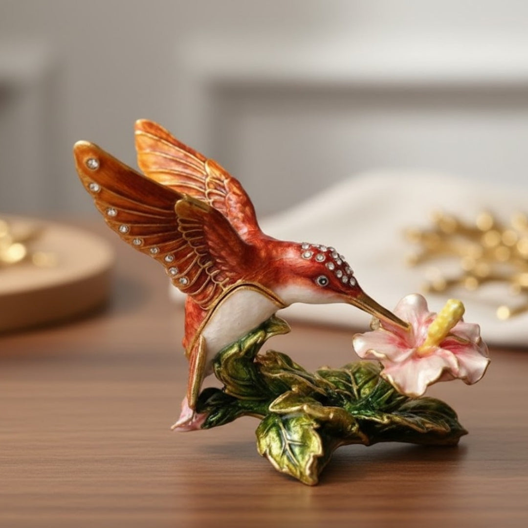 Exclusive Hummingbird Jewelry Box with Crystals, Personalized Engraving, Metal, 8x5.5x7 cm