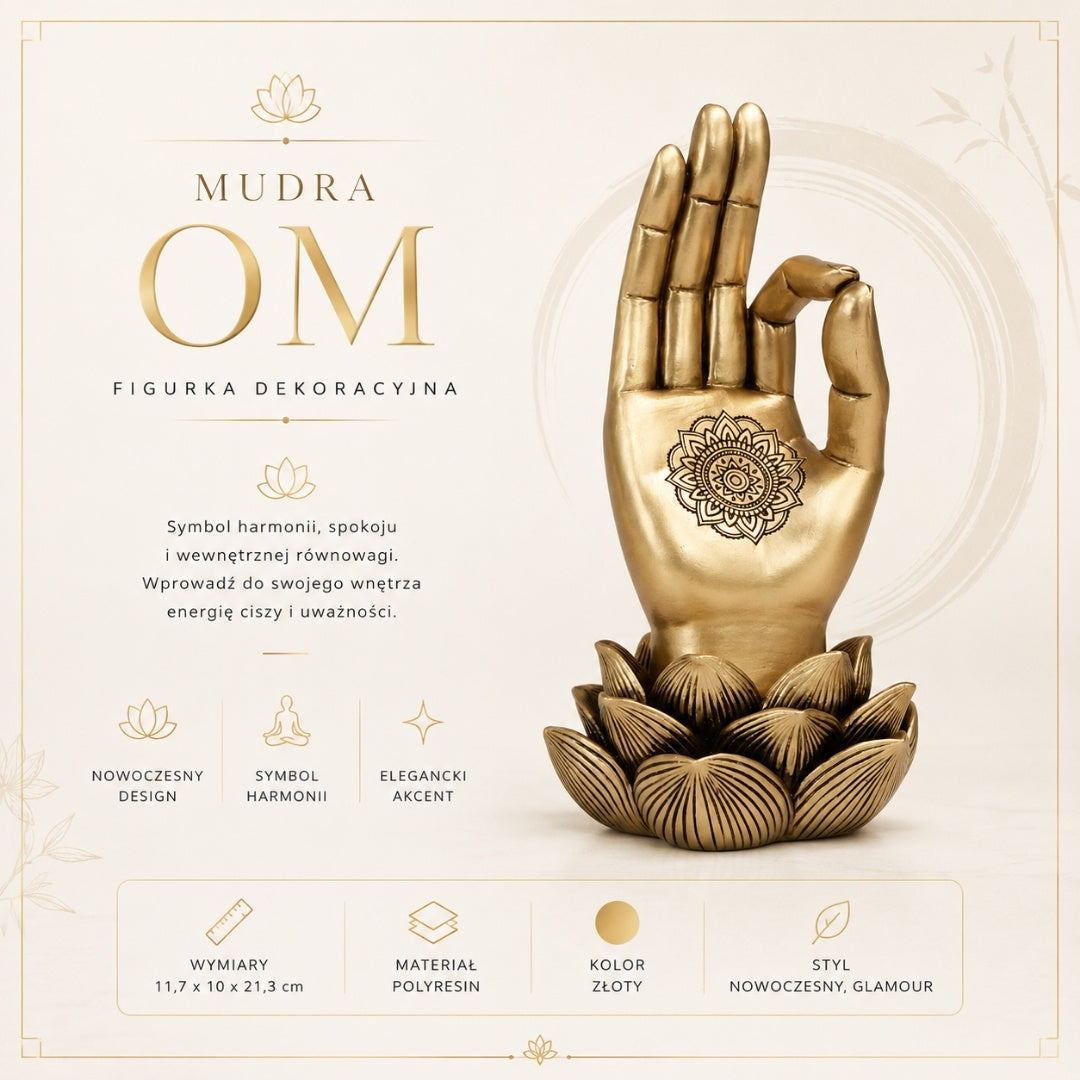 Złota Figurka Dłoń Buddy Mudra OM z Grawerem - Elegancka Dekoracja na Prezent - Kwiat Lotosu, 21cm, Polyresin, Styl Glamour
