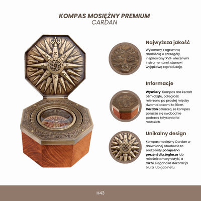 Busolă magnetică exclusivistă Cardan H43, din alamă și lemn, cu gravură personalizată