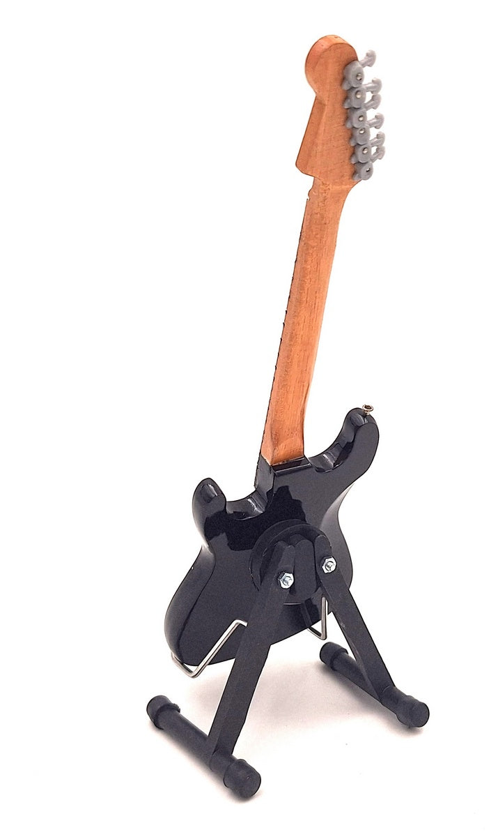 Mini gitara inspirowana Kurt Cobain z możliwością personalizacji grawerem, ręcznie wykonana z drewna mahoniowego, czarna/biała, wysokość 27,5 cm