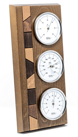 Fischer 9171-31 weather station with barometer, hygrometer, and thermometer on wooden base with engraving personalization option