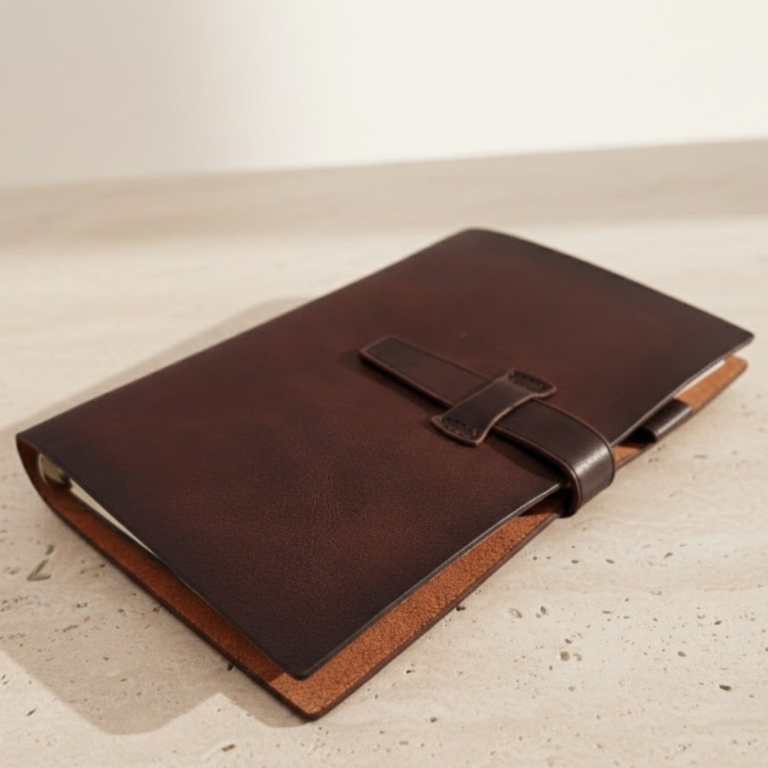 Notes elegant din piele A6 retro vintage, cu închidere și personalizare – ideal ca dar – maro închis, din piele bovină de înaltă calitate – 80 de pagini de hârtie albă