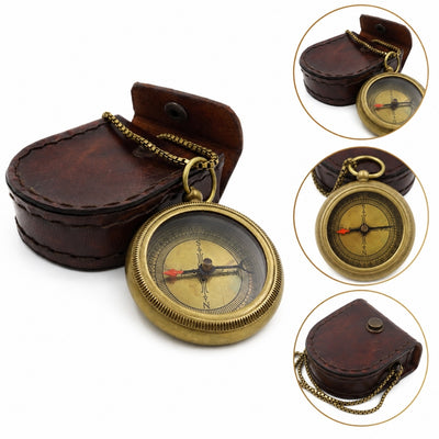 Stylish brass compass with chain in a leather case