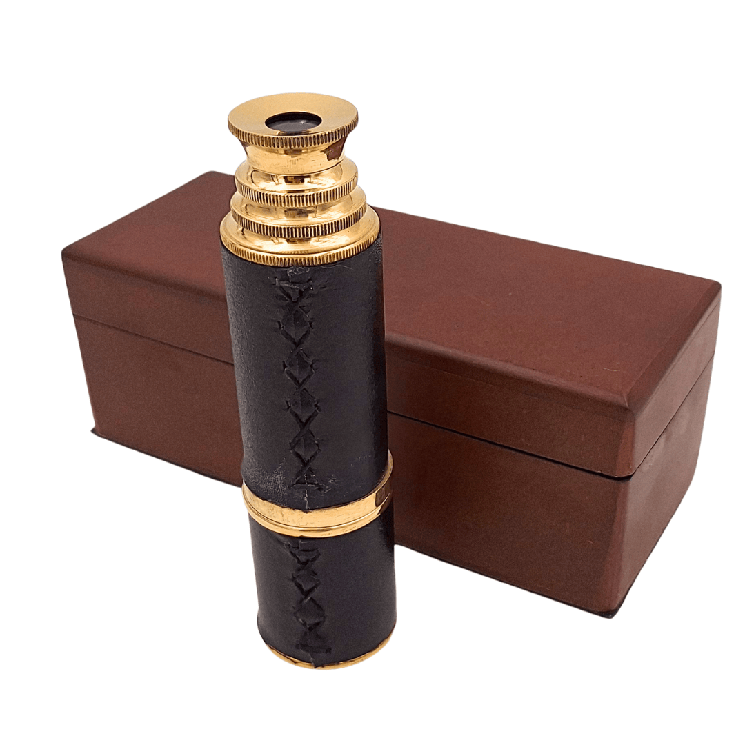 Brass and Leather Telescope with Engraving in Wooden Box