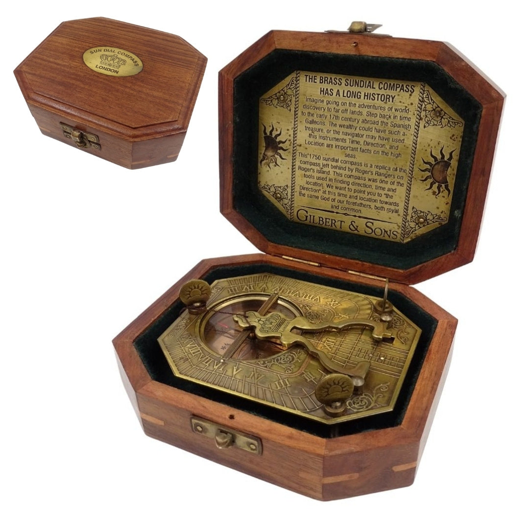 Sluneční hodiny s kompasem Retro v dřevěné krabičce s možností personalizace gravírováním