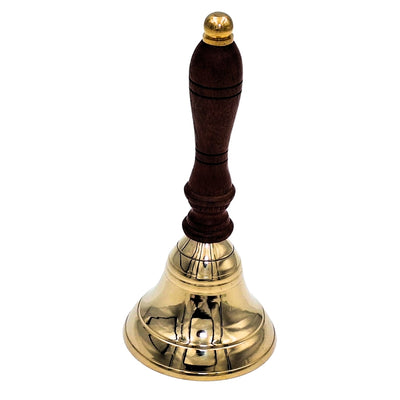 Clopoțel manual din alamă cu mâner din lemn, în stil retro – gravură personalizată, ideal pentru cadou – înălțime 16 cm, diametru 7,5 cm, auriu și maro