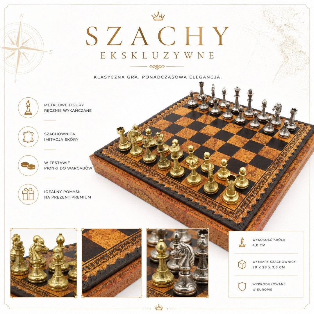 Ekskluzywne metalowe szachy Italfama 28x28 cm z możliwością personalizacji grawerem, brązowo-czarna szachownica, figury złocisto-srebrzyste
