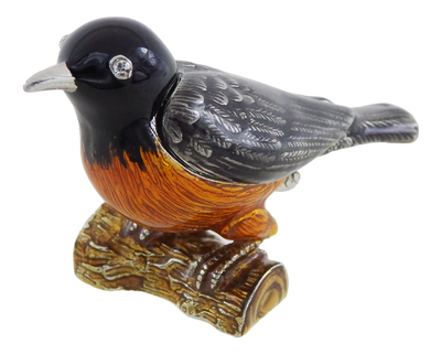 Metal box shaped like a bird with crystals, personalized engraving, perfect as a gift - black, silver, brown, orange, dimensions 5x6x5 cm, material: metal, enamel, crystal