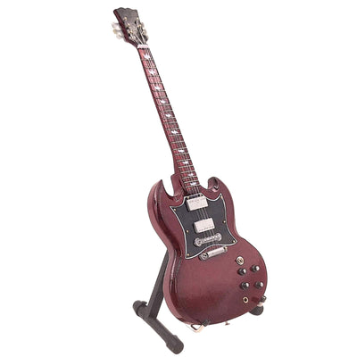 Mini gitara AC/DC Angus Young MGT-0567 z możliwością personalizacji grawerem, idealna na prezent, ręcznie wykonana z drewna mahoniowego, brązowa, wysokość 27,5 cm