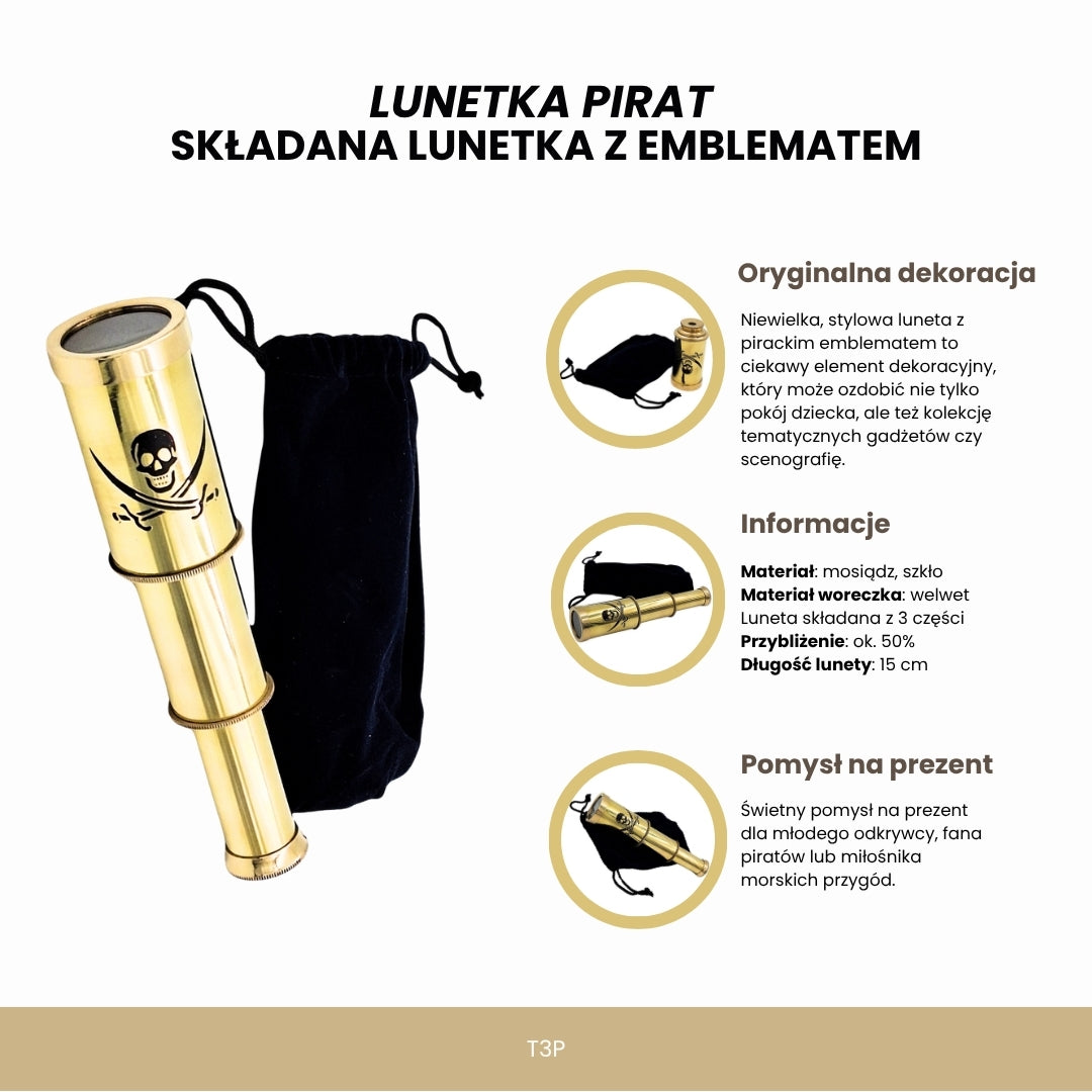 Lunetă de pirat cu emblemă – lunetă pliabilă din alamă cu gravură – cadou ideal pentru tânărul explorator al mărilor – înălțime 15 cm, set cu săculeț din catifea