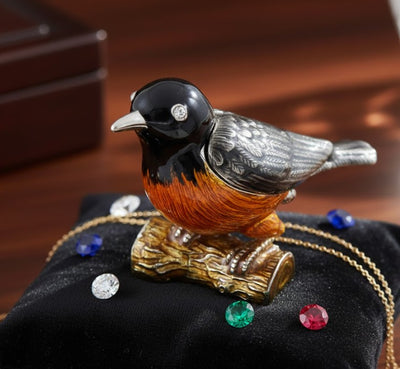 Metal box shaped like a bird with crystals, personalized engraving, perfect as a gift - black, silver, brown, orange, dimensions 5x6x5 cm, material: metal, enamel, crystal