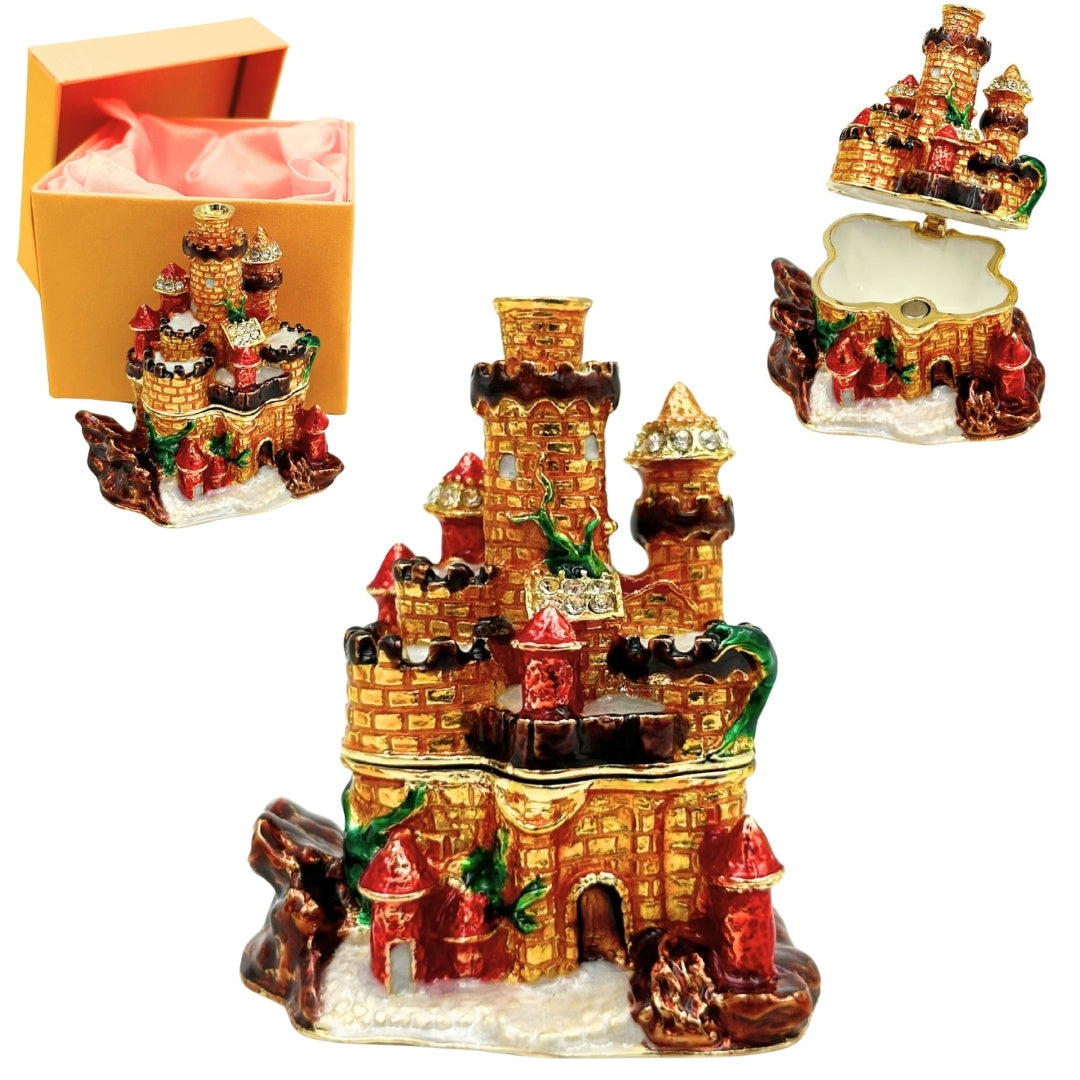 Castle-Shaped Jewelry Box Decorated with Crystals with Option for Personalized Engraving