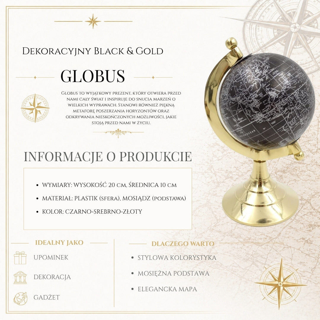 Glob decorativ Black & Gold, cu posibilitate de personalizare a gravurii – accesoriu elegant pentru cadou, înălțime 20 cm, bază din alamă, hartă neagră cu inscripții argintii