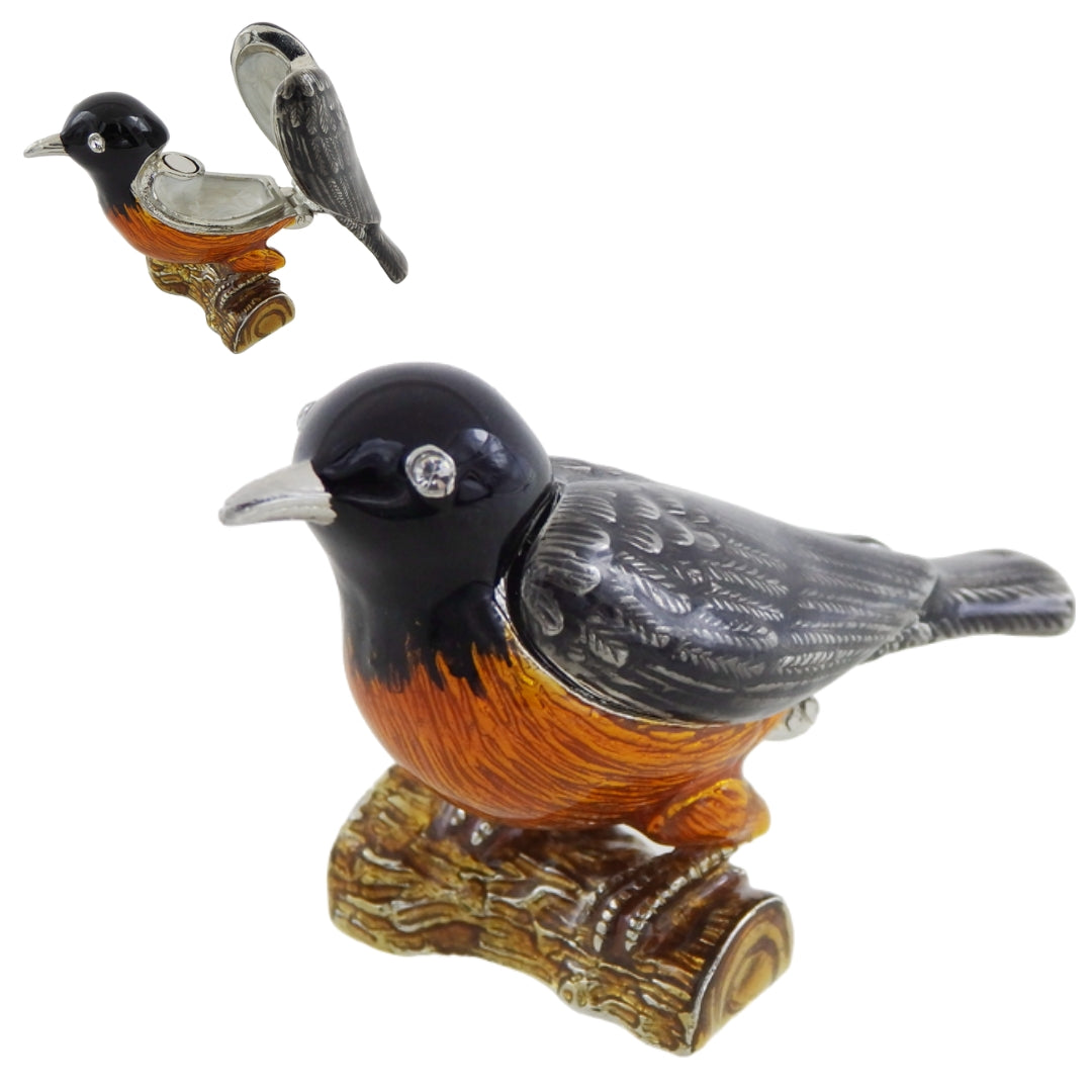 Metal box shaped like a bird with crystals, personalized engraving, perfect as a gift - black, silver, brown, orange, dimensions 5x6x5 cm, material: metal, enamel, crystal