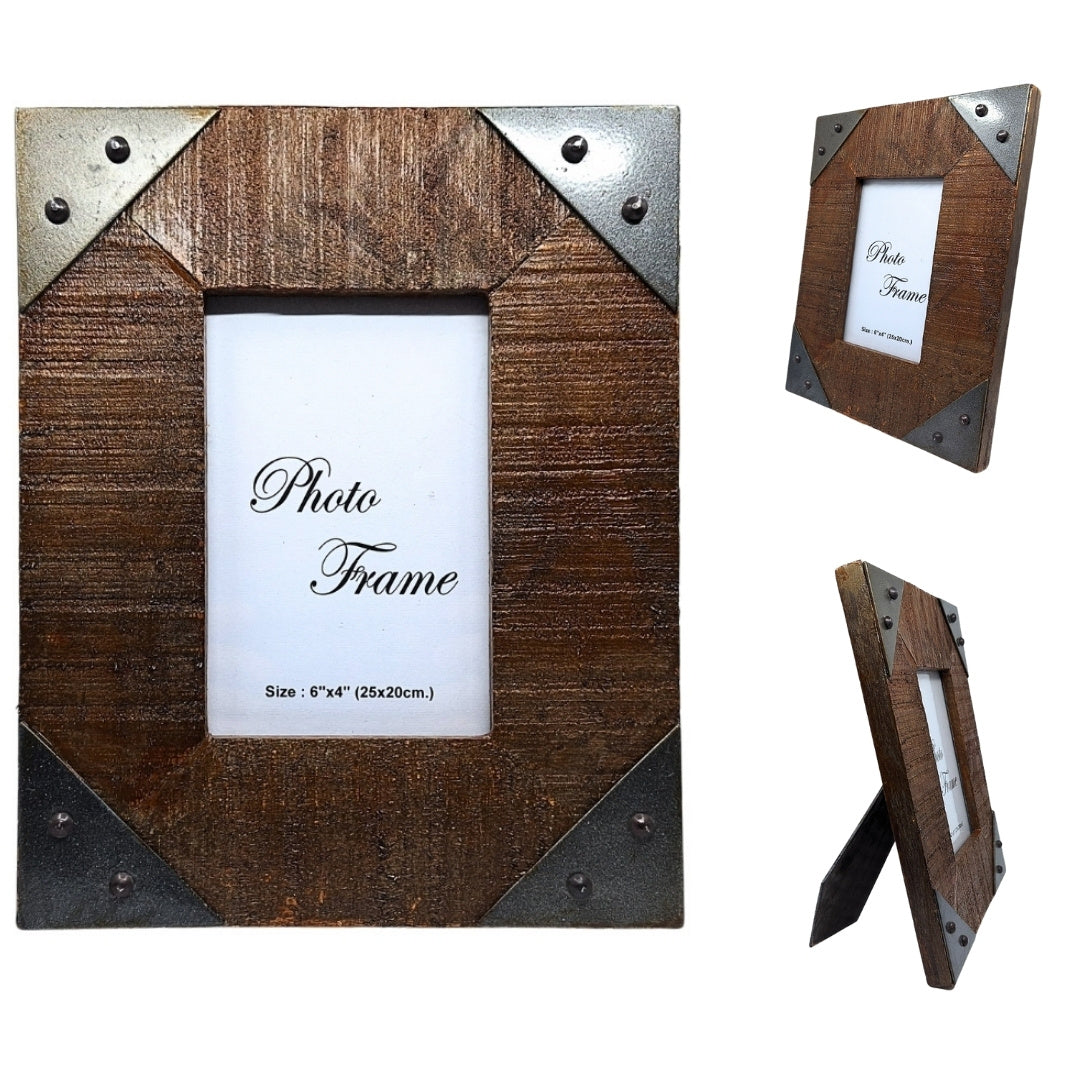 Drewniana ramka na zdjęcia 10x15 cm z drewna mango z metalowymi okuciami, możliwość personalizacji grawerem, idealna na prezent w stylu vintage
