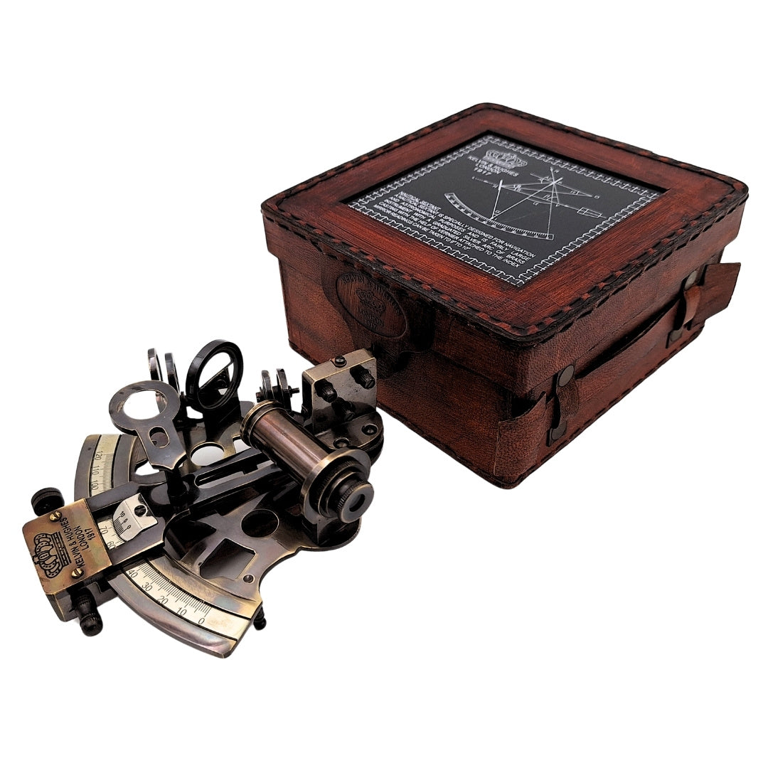 Brass Sextant with Engraving in Leather Box - 1917 Replica, Perfect Gift for Sailors and Astronomers, Dimensions 13x12x6 cm, Antique, Material: Brass and Glass
