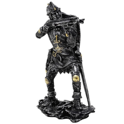 Figurka Średniowieczny Rycerz z Kuszą 20cm z Możliwością Personalizacji Grawerem - Srebrno-Złota Dekoracja na Prezent dla Miłośników Historii i Fantasy - Ręcznie Malowana z Polyresinu
