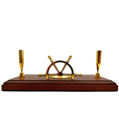 Nautical Desk Set with Engraving – Ship's Wheel, Compass, Pen Holders Made of Polished Wood and Brass