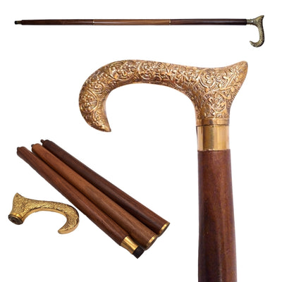Drewniana Laska do Chodzenia ze Złotą Rączką - Składana - Elegancki Prezent z Możliwością Personalizacji Grawerem - 91,5 cm, Brązowa z Mosiężnym Uchwytem